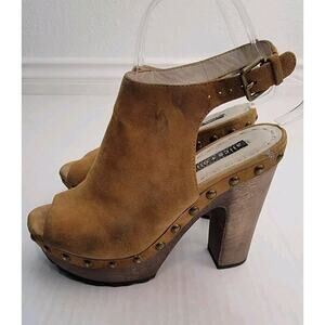 Alice + Olivia Sharon Suede Platform Sandal Heels Size 36.5 Studded Bohemian Tan